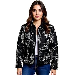 ANNE‎ CARSON Quilted Silk Jacket Black White Toile Floral Bird Print Size Small